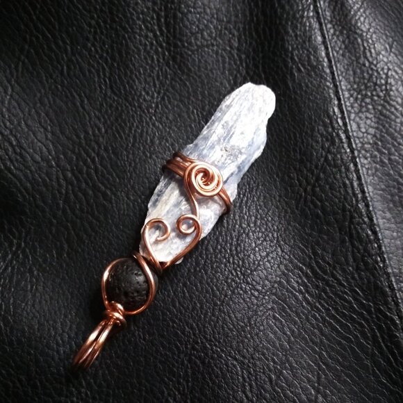 Handmade Rough Blue Kyanite + Black Lava Rock Pendant ~ Wire Wrapped with Copper - Picture 4 of 8